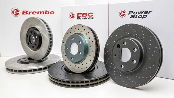 A close-up of a high-performance brake rotor and caliper on a sports car