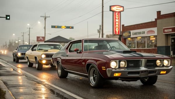 A classic 1970s muscle car parked on a city street at sunset