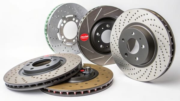 A close-up of a high-performance brake disc with red calipers on a sports car