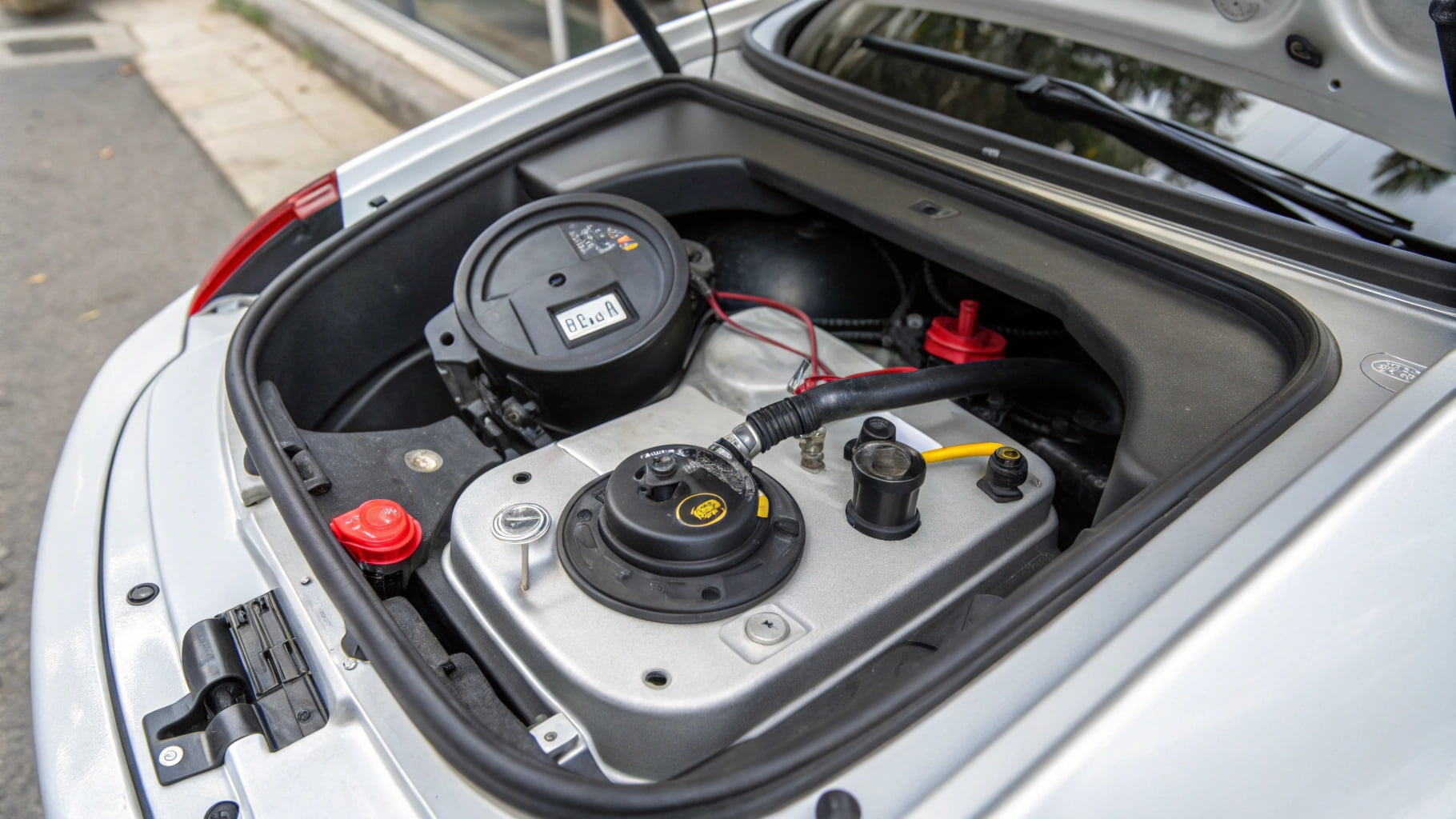 alt with keywords: A diagram showing the components of a car fuel system, starting from the fuel tank.