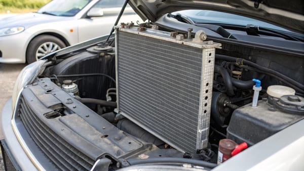 A close-up of a car radiator's fins and core