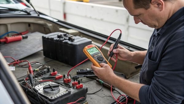 An ignition coil being tested with a multimeter.