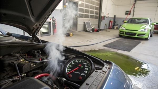 A car's temperature gauge in the red zone, indicating overheating