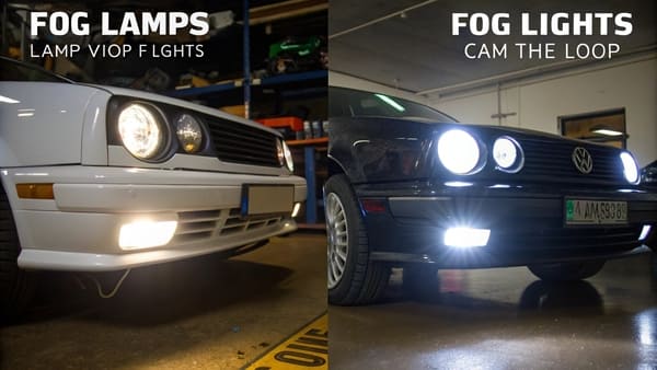 Side view of a car showing how low fog lamp beams travel under the fog, while high beams reflect back