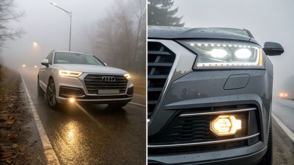Side view of a car showing how low fog lamp beams travel under the fog, while high beams reflect back