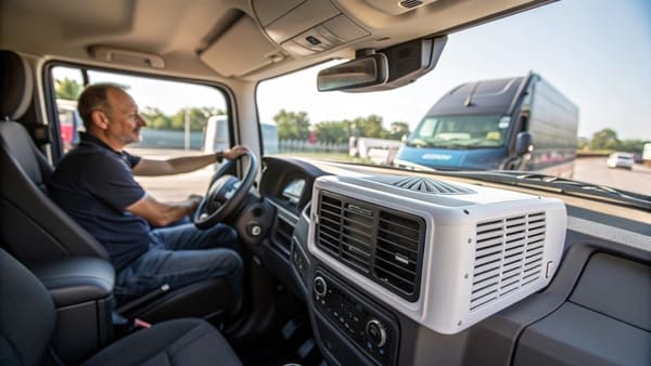 A modern truck air conditioner unit mounted on the roof of a truck cab