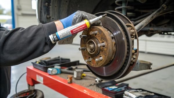 A tube of brake pad grease next to a brake caliper