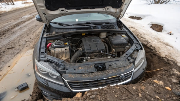 Image showing an exposed engine bay without a fender liner, with dirt and rust visible