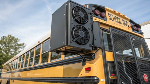 A modern school bus with a rooftop air conditioning unit