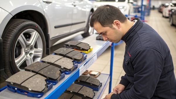 A selection of different types of brake pads on a workshop bench
