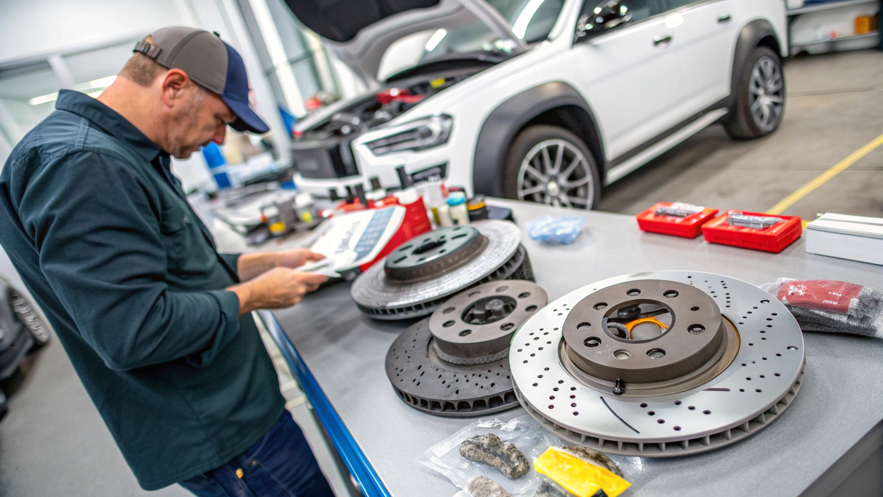 A set of new brake pads and rotors ready for installation