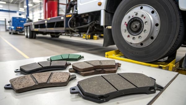 A close-up of a truck's disc brake system, showing the brake pad and rotor.