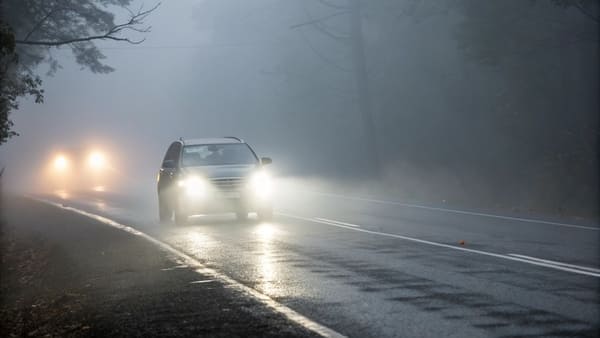A car's front fog lamp illuminated in a foggy setting