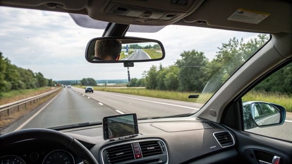 An interior car mirror mounted on a windshield