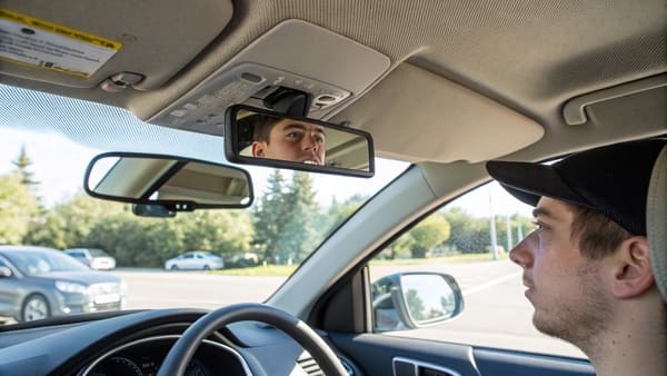 A close-up of a car sun visor mirror with a cover