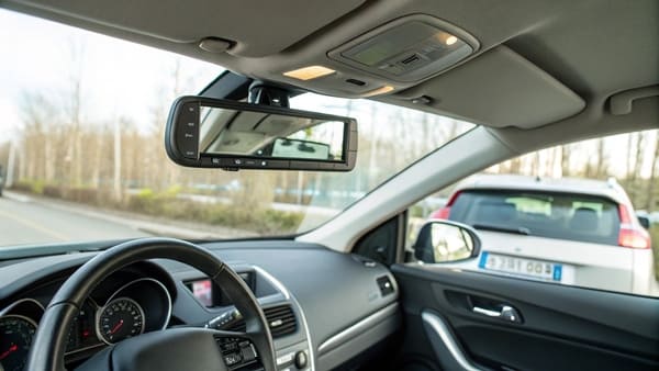 A close-up of a car's sun visor mirror with a light.