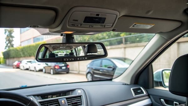 A car's rearview mirror hanging from the windshield.