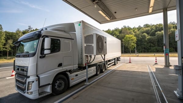 A modern semi truck with a no-idle air conditioner unit on the cab roof