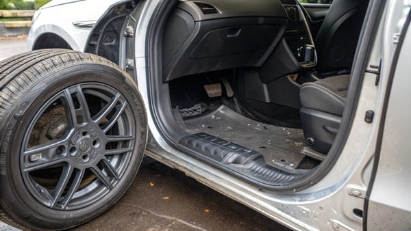 Diagram showing the fender liner, also called wheel well liner, inside a car's wheel arch