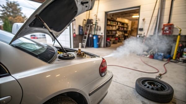 A mechanic inspecting a car's fuel lines