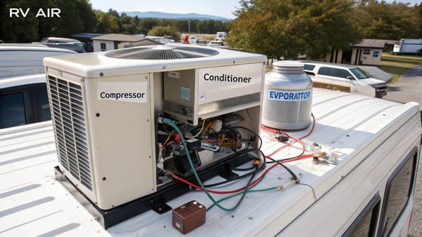 A diagram of a rooftop RV air conditioner's components