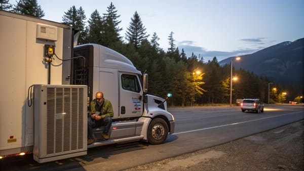 A modern semi truck with a sleeper cab parked at a rest stop.