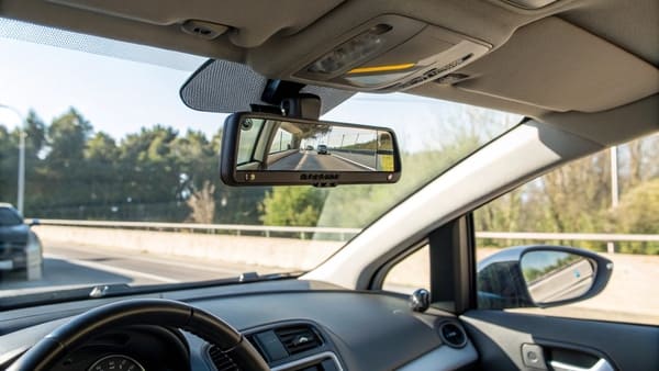 An auto visor mirror with a light turned on
