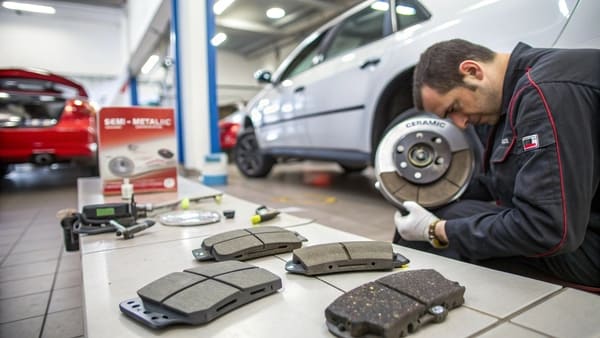 A side-by-side comparison of a semi-metallic and a ceramic brake pad