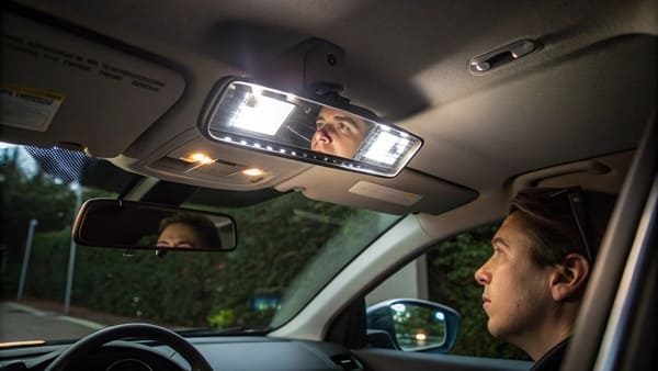 A close-up of a sun visor lighted mirror with the LED lights turned on.