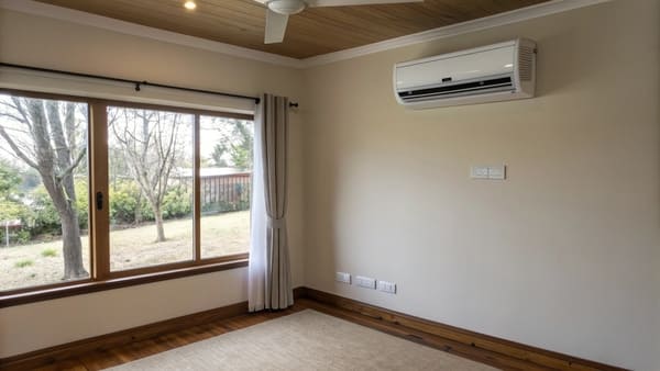 A quiet modern mini-split air conditioner mounted on a living room wall