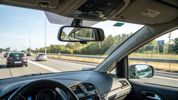 A standard interior rearview mirror mounted on a car's windshield