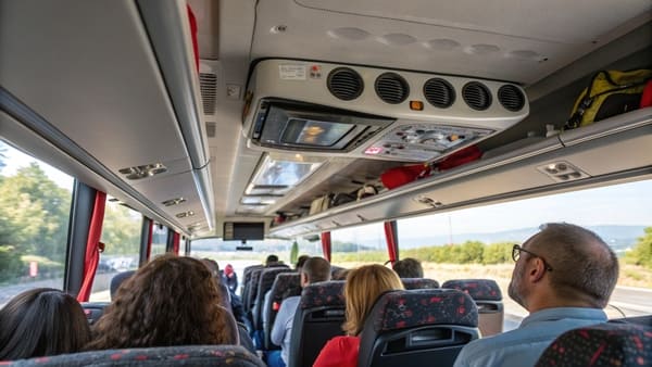 A modern bus interior showing air conditioning vents above the seats