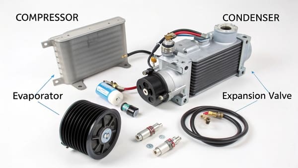 A detailed view of a heavy-duty truck AC compressor