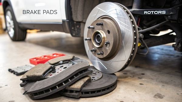 A customer choosing between ceramic and semi-metallic brake pads