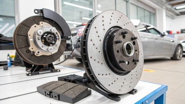 Diagram showing how a brake pad interacts with a rotor and caliper