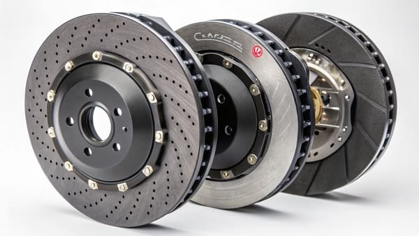 A split image showing a ceramic brake pad on the left and a carbon ceramic brake rotor on the right