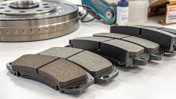A close-up view of the texture of a semi-metallic brake pad