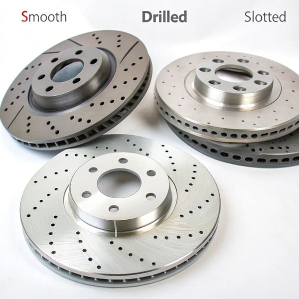 A display showing different types of brake rotors: blank, drilled, and slotted