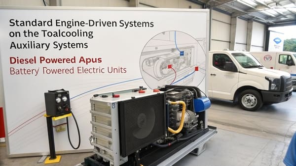 alt with keywords: An electric auxiliary air conditioner unit mounted on the back of a truck cab.