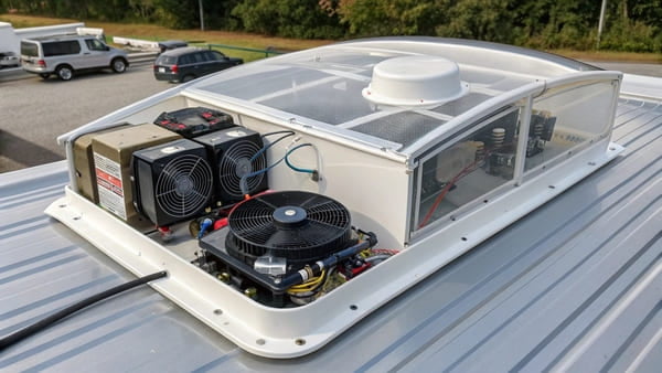 An exploded view of a rooftop RV air conditioner's parts