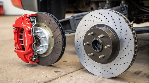 A person inspecting a brake rotor in a workshop