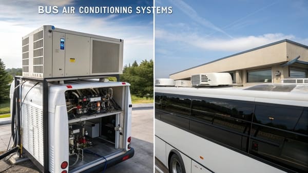 A rooftop AC unit on a coach and a split system diagram for a minibus.