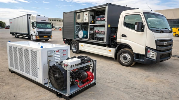 Side-by-side comparison of a battery-powered AC unit and a diesel APU