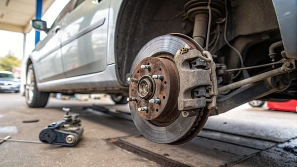 Close-up of a car's rear wheel and brake drum assembly