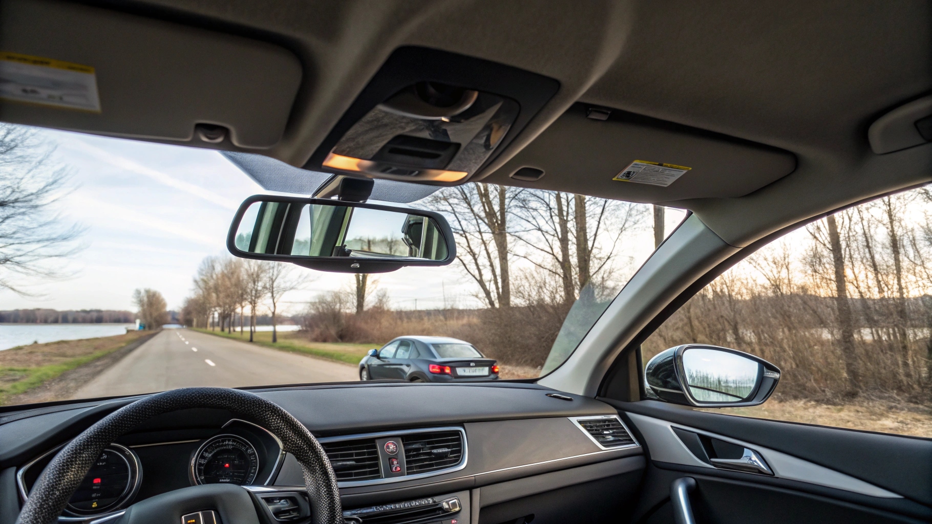 A driver adjusting their interior rearview mirror