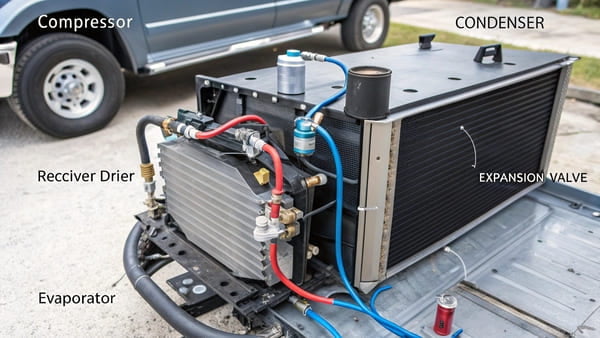 A diagram showing the flow of refrigerant in a truck AC system