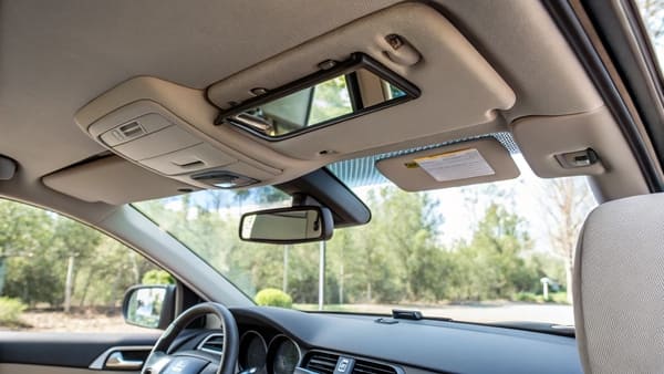 A passenger using an illuminated vanity mirror in a car