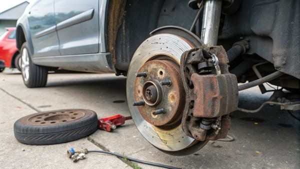 A worn brake pad next to a new one, showing severe tapered wear.