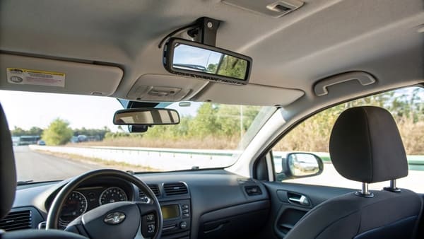 An old-fashioned handheld vanity mirror next to a modern car visor mirror