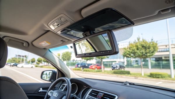 An illuminated vanity mirror in a car's sun visor